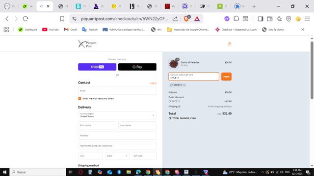 Piquant Post checkout page showing Piquant Post discount code box | Screenshot taken by SimplyCodes community member on Aug 21, 2025