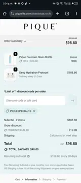 PIQUESPECIAL10 coupon verification screenshot