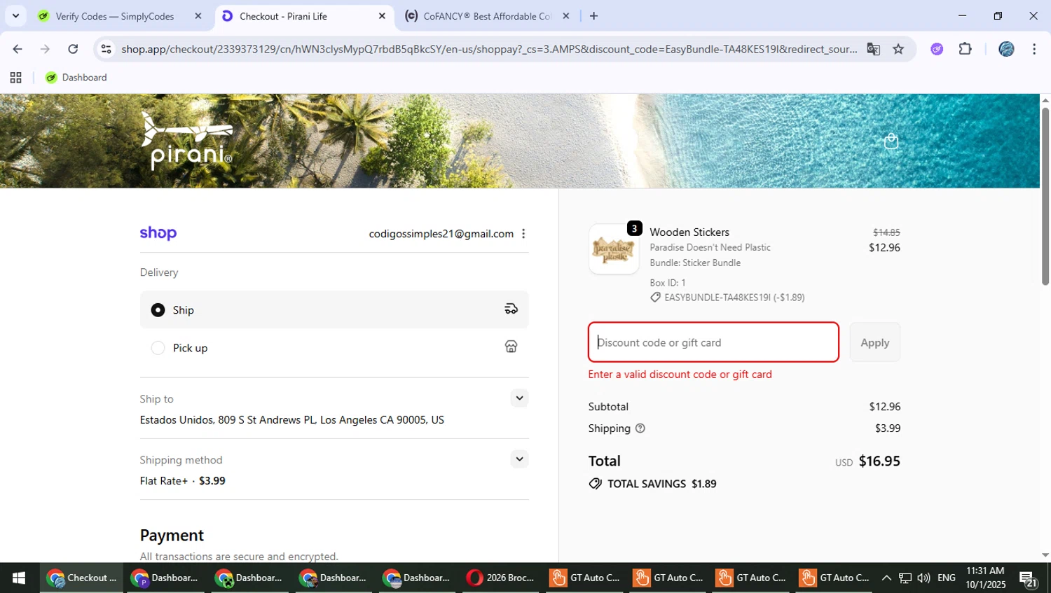 Pirani Life promo code screenshot showing code MERCRUISES applied at Pirani Life checkout page. Uploaded by SimplyCodes community member PokeGOAT on Oct 1, 2025