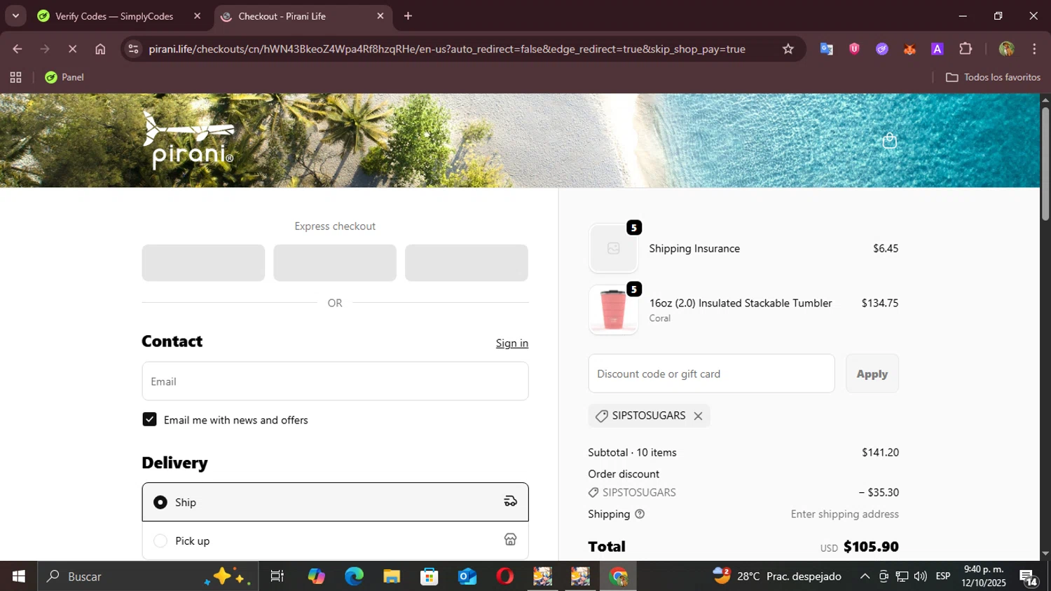 Pirani Life checkout page showing Pirani Life promo code box | Screenshot taken by SimplyCodes community member on Oct 13, 2025