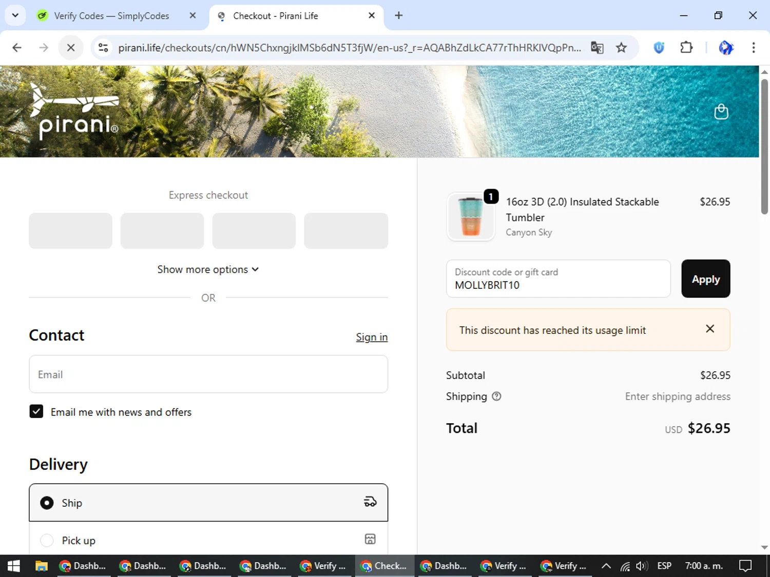 Pirani Life promo code screenshot showing code MOLLYBRIT10 applied at Pirani Life checkout page. Uploaded by SimplyCodes community member WiseHunter8213 on Nov 12, 2025