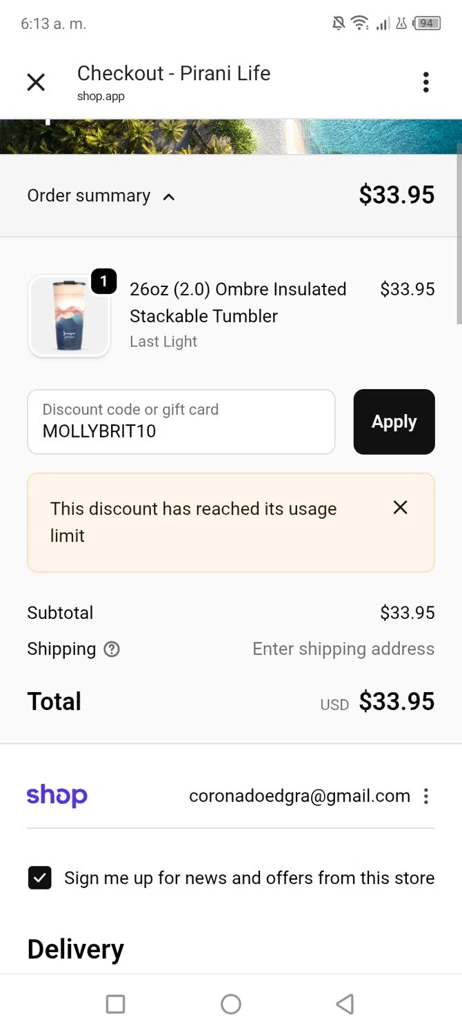 Pirani Life promo code screenshot showing code MOLLYBRIT10 applied at Pirani Life checkout page. Uploaded by SimplyCodes community member tumiedo on Nov 12, 2025