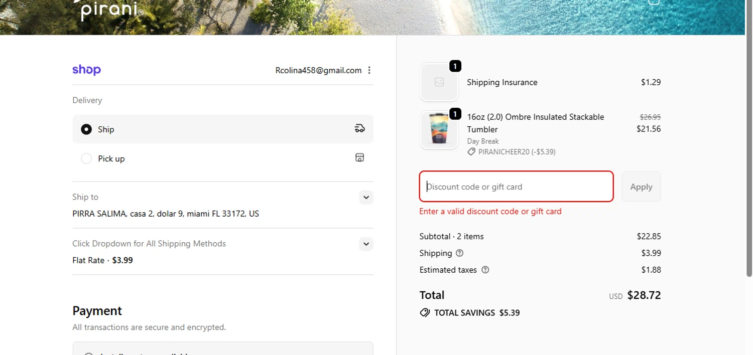 Pirani Life promo code screenshot showing code PIRANICHEER applied at Pirani Life checkout page. Uploaded by SimplyCodes community member Acidwire on Dec 8, 2025