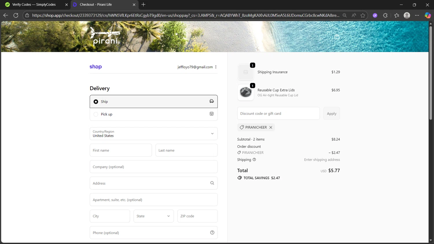 Pirani Life checkout page showing Pirani Life promo code box | Screenshot taken by SimplyCodes community member on Nov 20, 2025