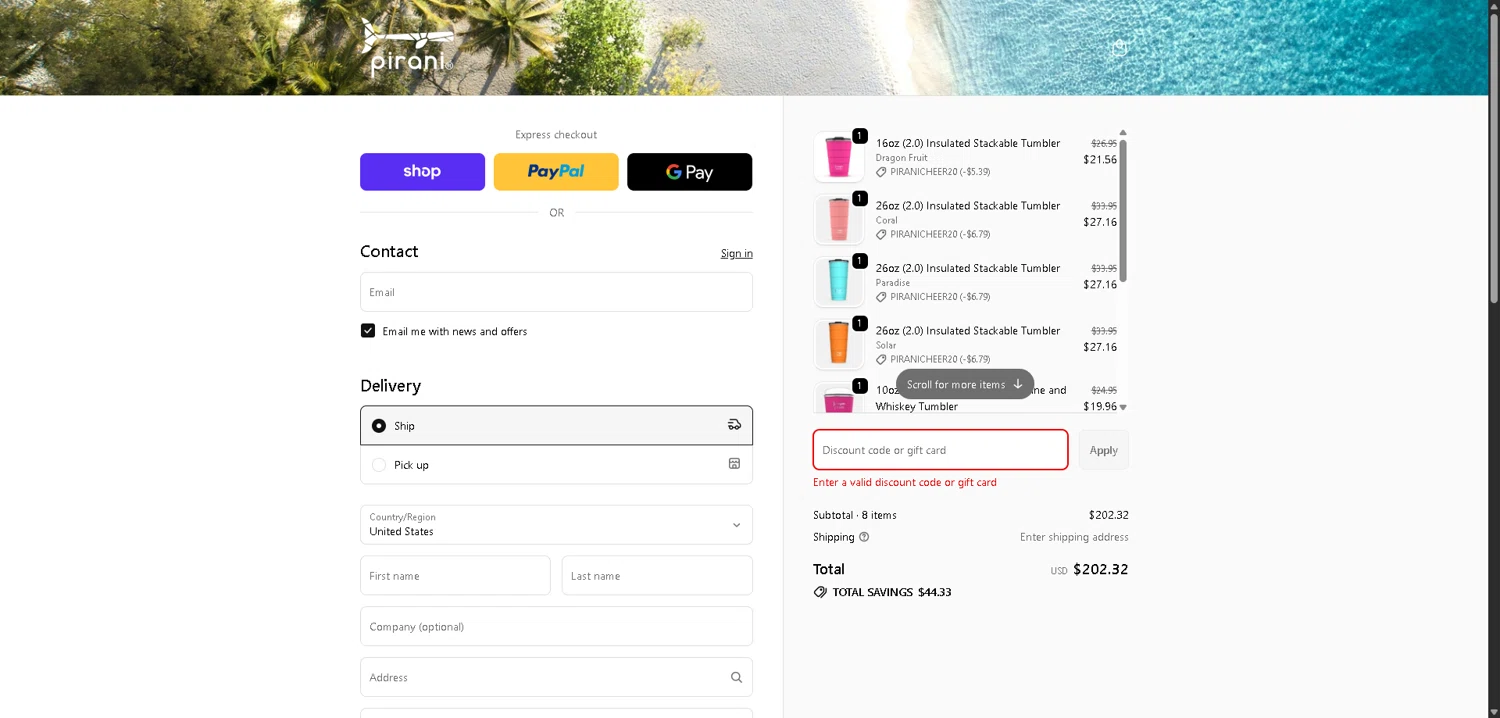 Pirani Life promo code screenshot showing code PIRANICHEER applied at Pirani Life checkout page. Uploaded by SimplyCodes community member ValueWarden2887 on Dec 8, 2025