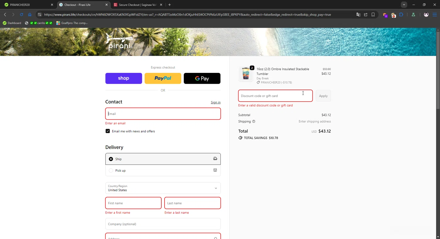 Pirani Life promo code screenshot showing code PIRANICHEER20 applied at Pirani Life checkout page. Uploaded by SimplyCodes community member gribethr on Dec 9, 2025