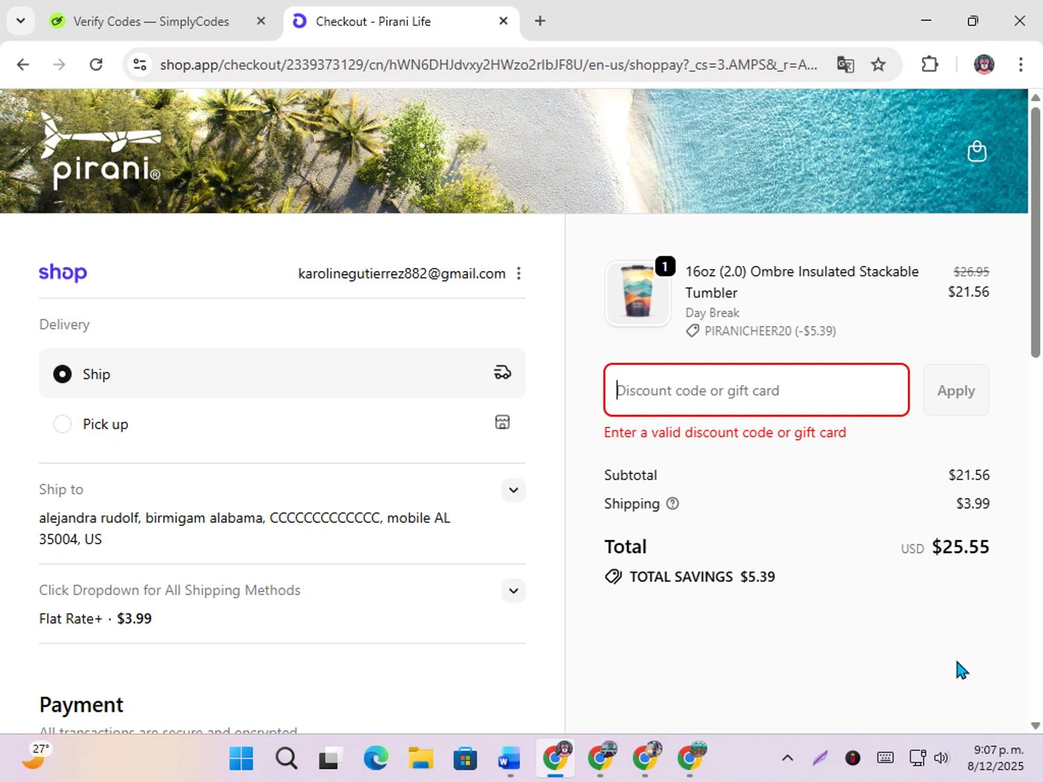 Pirani Life promo code screenshot showing code PIRANICHEER20 applied at Pirani Life checkout page. Uploaded by SimplyCodes community member karoline on Dec 9, 2025