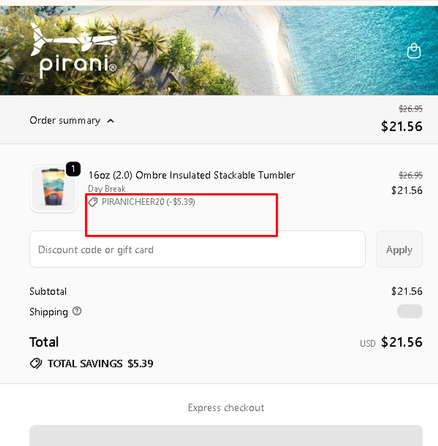 Pirani Life promo code screenshot showing code PIRANICHEER20 applied at Pirani Life checkout page. Uploaded by SimplyCodes community member AMANDA2681 on Dec 9, 2025