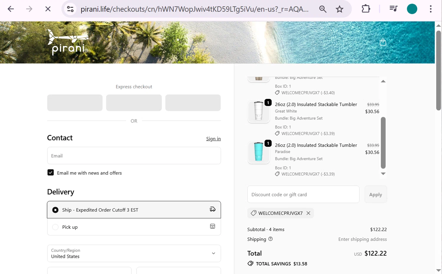 Pirani Life promo code screenshot showing code WELCOMECPRJVGX7 applied at Pirani Life checkout page. Uploaded by SimplyCodes community member anosesmith on Jan 12, 2026