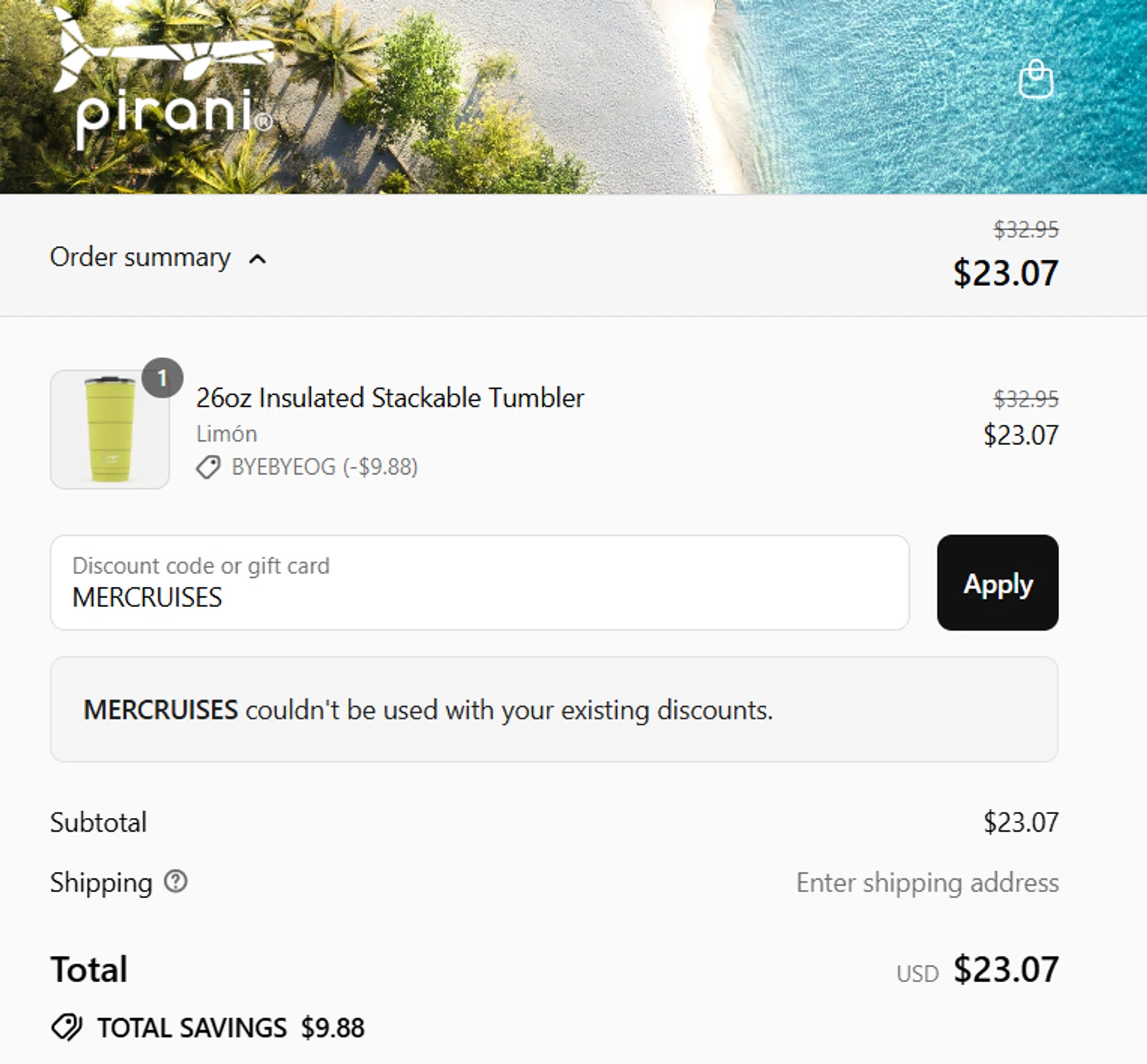 Pirani Life promo code screenshot showing code MERCRUISES applied at Pirani Life checkout page. Uploaded by SimplyCodes community member becomeaware on Sep 2, 2025