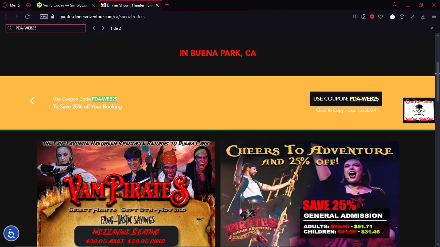 where to use Pirates Dinner Adventure promo code box
