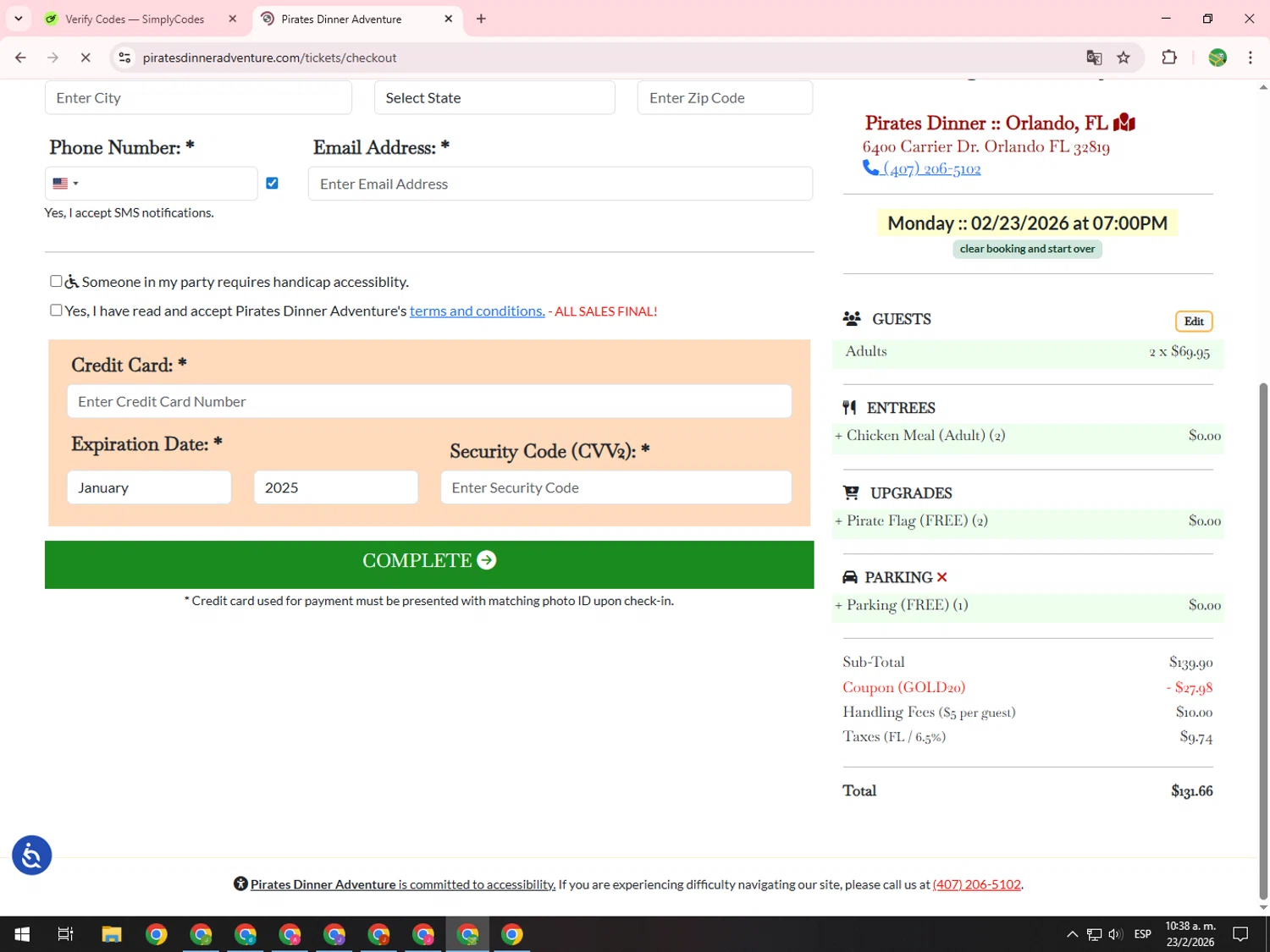 Pirate's Dinner Adventure promo code screenshot showing code GOLD20 applied at Pirate's Dinner Adventure checkout page. Uploaded by SimplyCodes community member SwiftChaser6655 on Feb 23, 2026