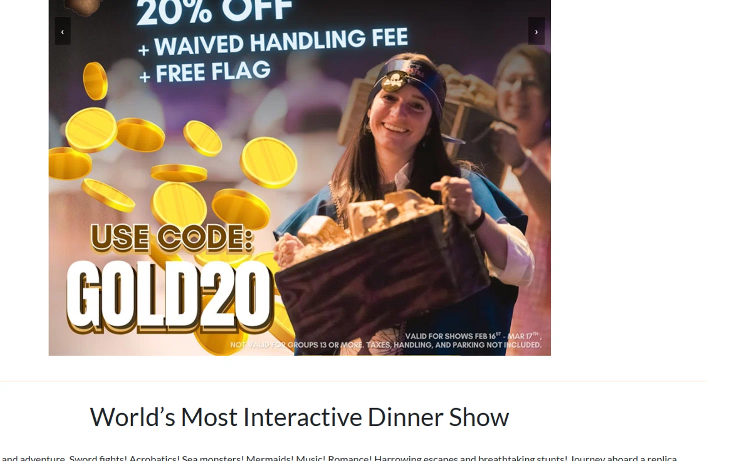 Pirate's Dinner Adventure promo code screenshot showing code GOLD20 applied at Pirate's Dinner Adventure checkout page. Uploaded by SimplyCodes community member Dejadepicharme on Feb 23, 2026