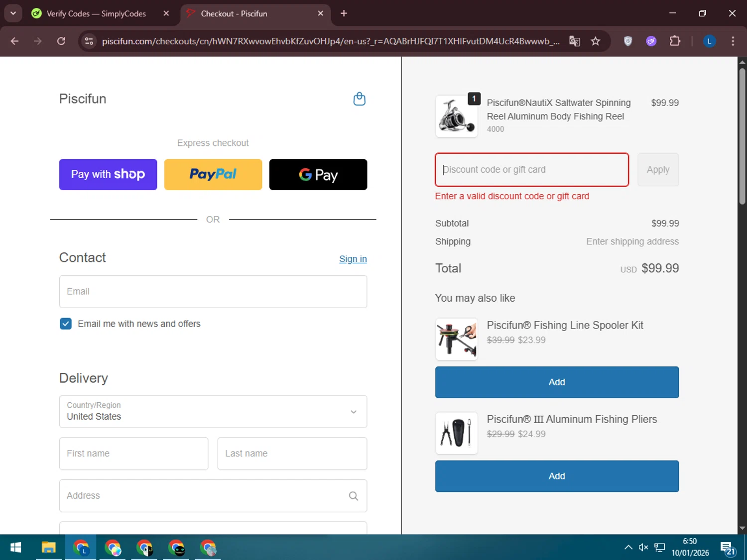 Piscifun promo code screenshot showing code pis18 applied at Piscifun checkout page. Uploaded by SimplyCodes community member LegendaryLegend5536 on Jan 10, 2026