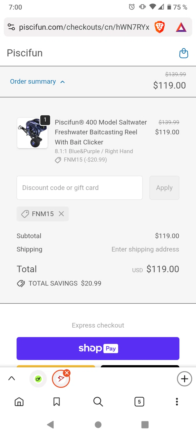 Piscifun promo code screenshot showing code FNM15 applied at Piscifun checkout page. Uploaded by SimplyCodes community member victor on Jan 10, 2026