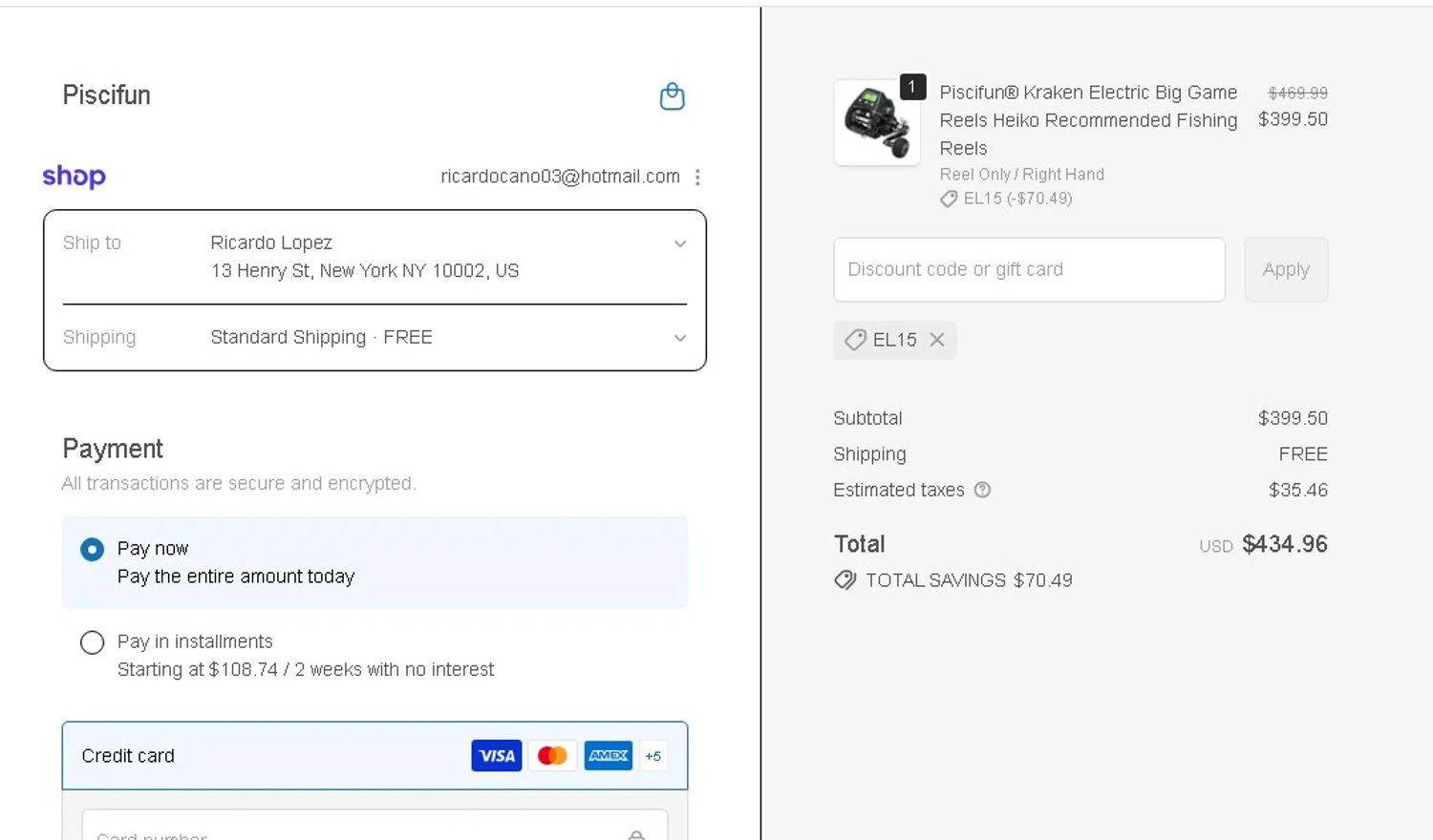Piscifun promo code screenshot showing code EL15 applied at Piscifun checkout page. Uploaded by SimplyCodes community member LAMINEJAMAL on Jun 18, 2026