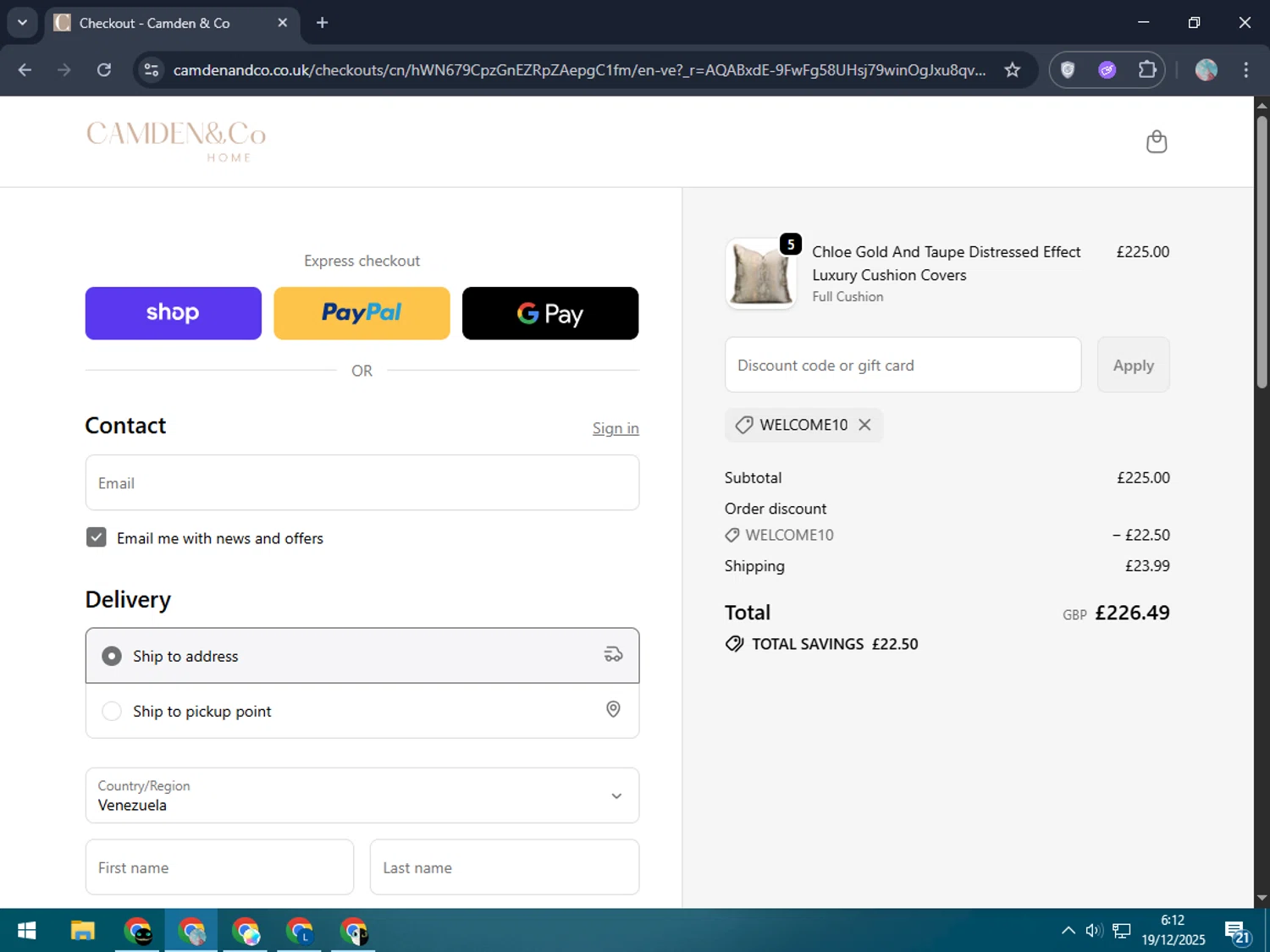 PishPosh Baby discount code screenshot showing code WELCOME10 applied at PishPosh Baby checkout page. Uploaded by SimplyCodes community member BargainWizard5755 on Dec 19, 2025