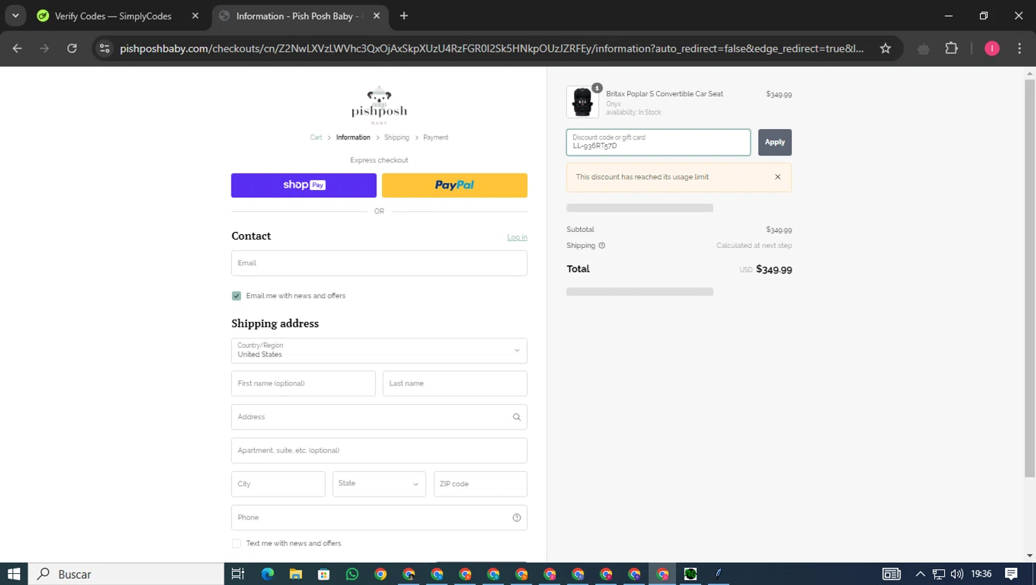 PishPosh Baby discount code screenshot showing code LL-936RT57D applied at PishPosh Baby checkout page. Uploaded by SimplyCodes community member SmartAce4137 on Jan 30, 2025