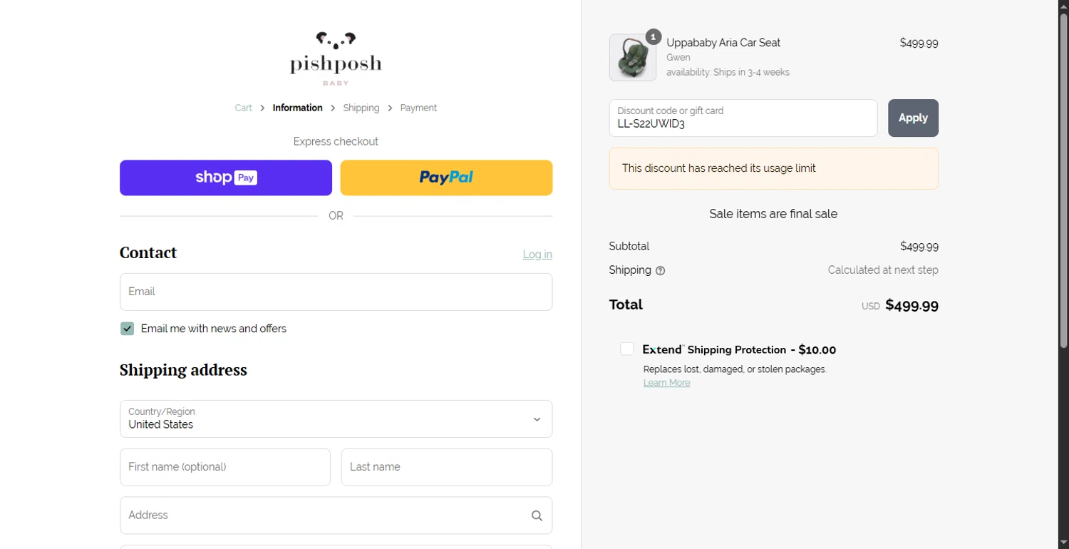 PishPosh Baby discount code screenshot showing code LL-S22UWID3 applied at PishPosh Baby checkout page. Uploaded by SimplyCodes community member CodeFinder699 on May 23, 2025