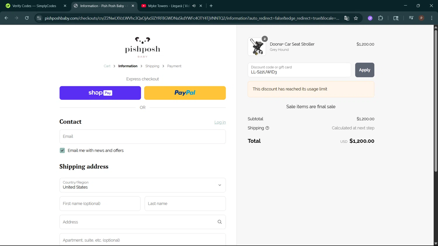 PishPosh Baby discount code screenshot showing code LL-S22UWID3 applied at PishPosh Baby checkout page. Uploaded by SimplyCodes community member ShrewdPro2243 on May 23, 2025