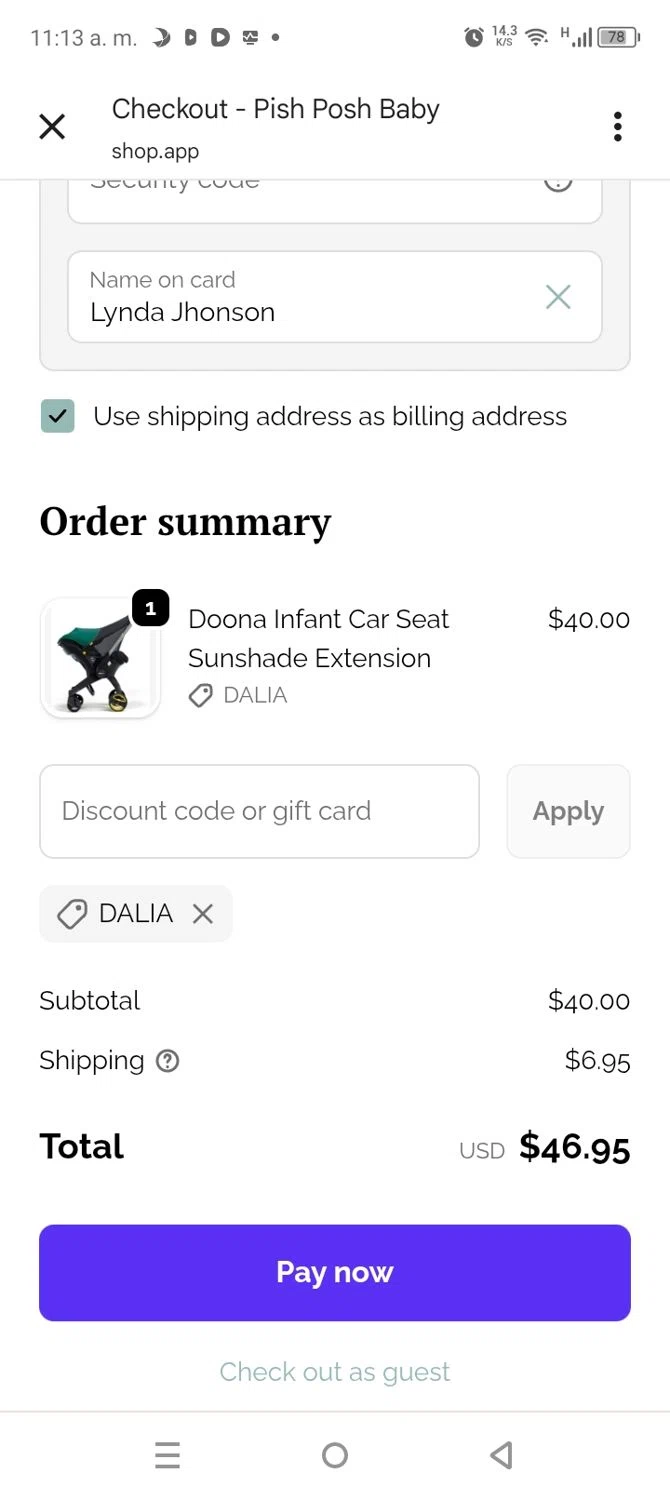 PishPosh Baby discount code screenshot showing code DALIA applied at PishPosh Baby checkout page. Uploaded by SimplyCodes community member coromotopalmar on Sep 23, 2025