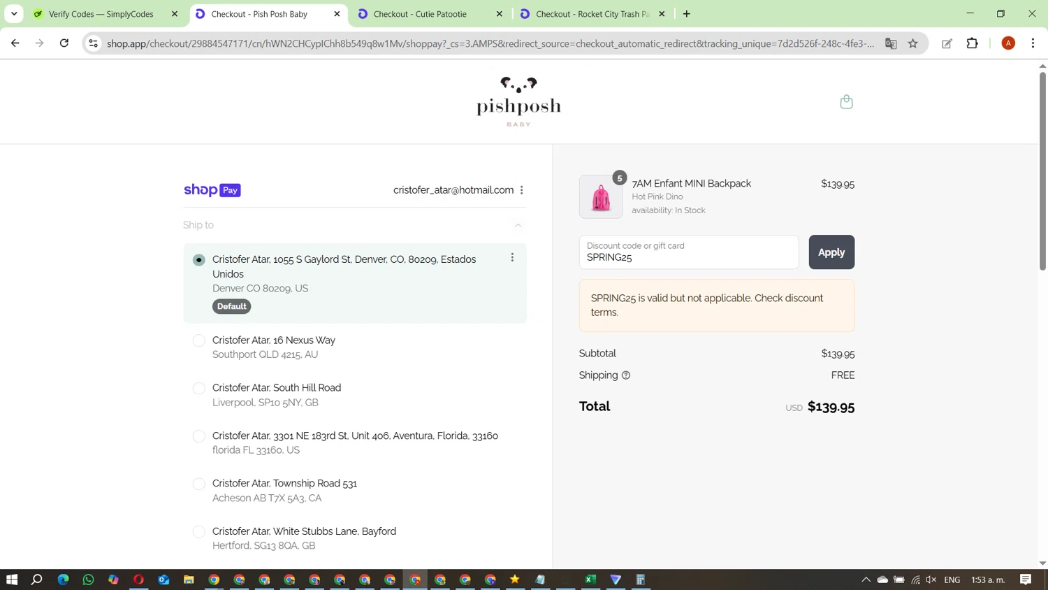 PishPosh Baby discount code screenshot showing code SPRING25 applied at PishPosh Baby checkout page. Uploaded by SimplyCodes community member FundoKadmiel on Aug 25, 2025