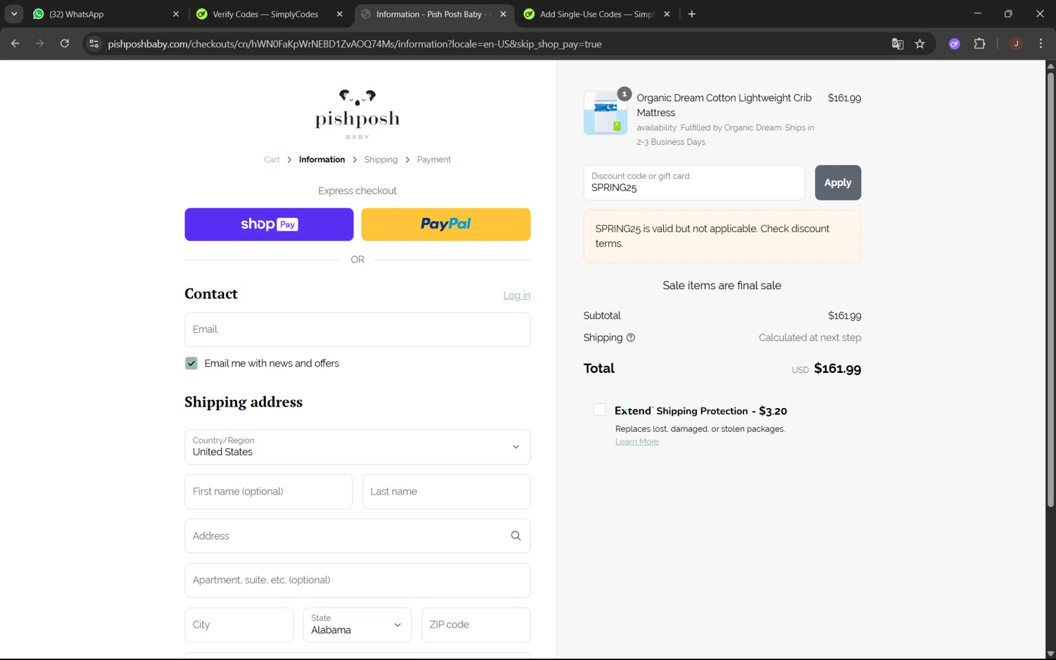 PishPosh Baby discount code screenshot showing code SPRING25 applied at PishPosh Baby checkout page. Uploaded by SimplyCodes community member juanx1702 on Jul 4, 2025