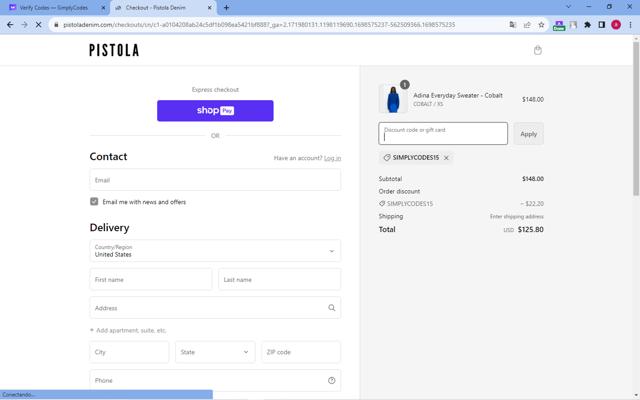 Pistola Denim checkout page showing Pistola Denim discount code box | Screenshot taken by SimplyCodes community member on Oct 29, 2023