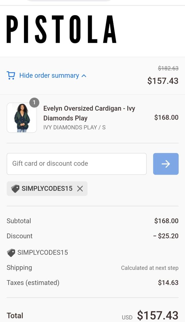 Pistola Denim checkout page showing Pistola Denim discount code box | Screenshot taken by SimplyCodes community member on Sep 24, 2022