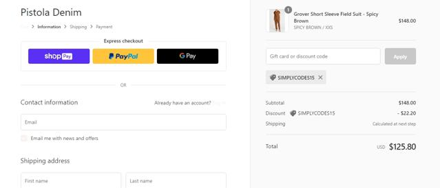 Pistola Denim checkout page showing Pistola Denim discount code box | Screenshot taken by SimplyCodes community member on Mar 7, 2022