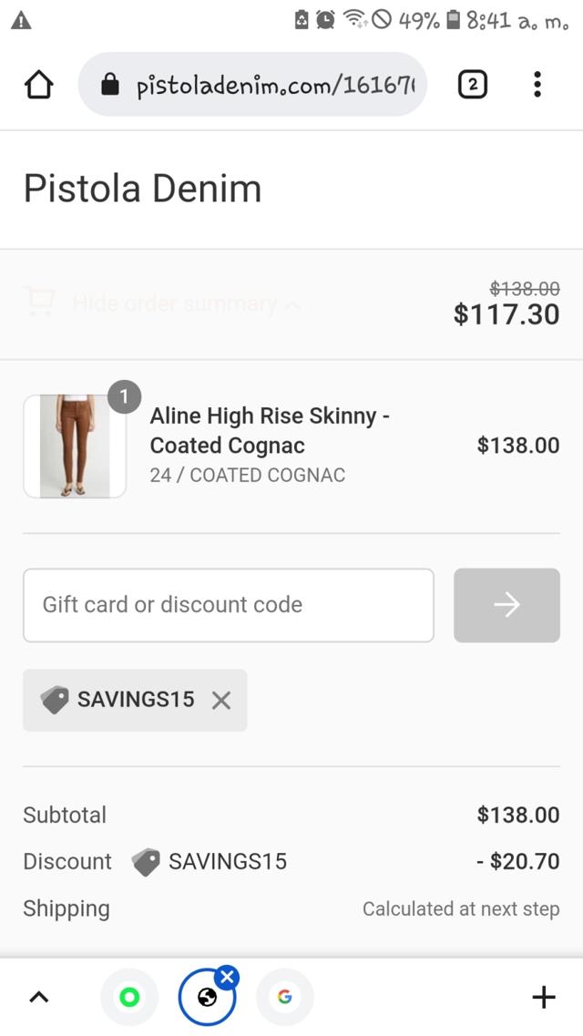 Pistola Denim checkout page showing Pistola Denim discount code box | Screenshot taken by SimplyCodes community member on Oct 5, 2021
