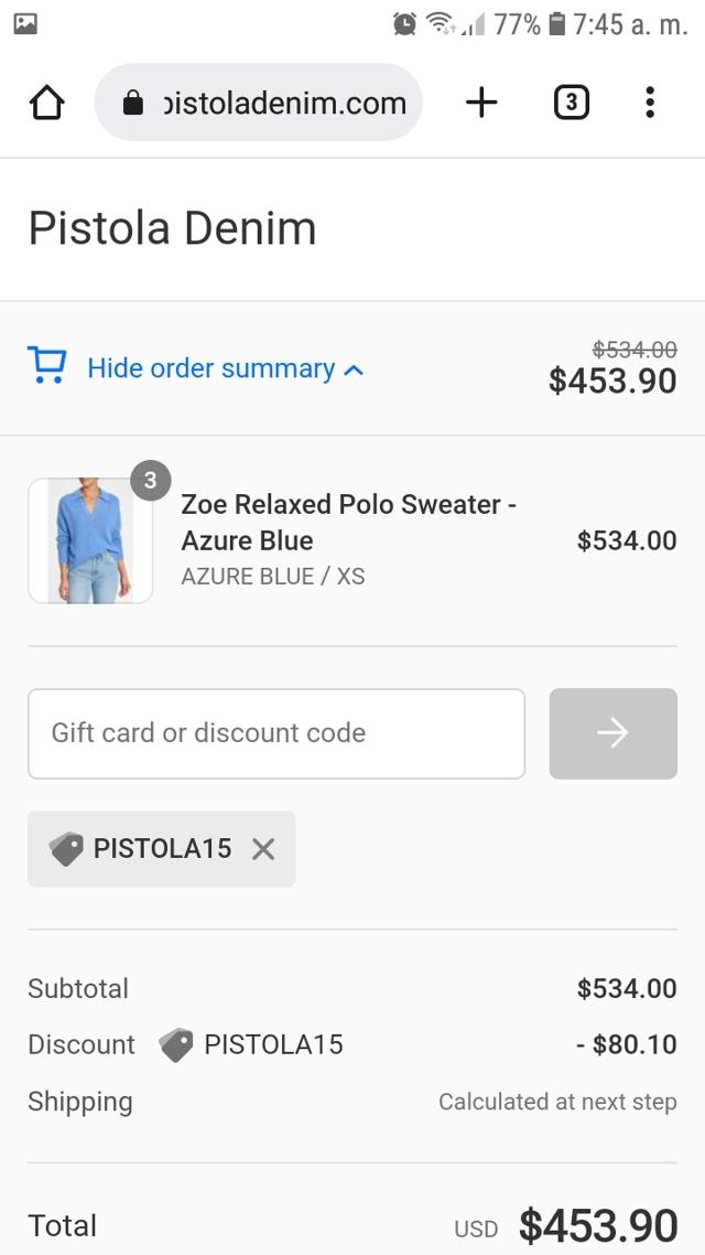 Pistola Denim checkout page showing Pistola Denim discount code box | Screenshot taken by SimplyCodes community member on Jun 2, 2022