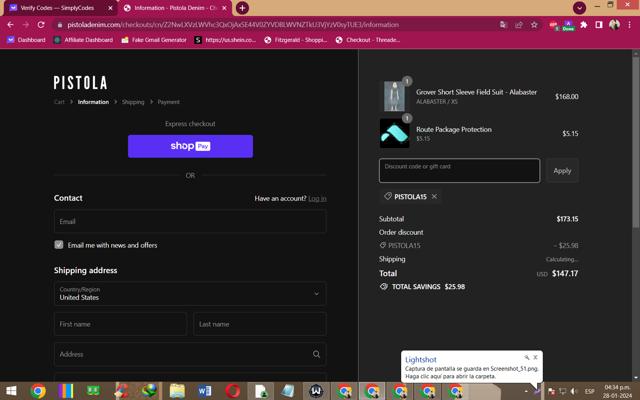 Pistola Denim checkout page showing Pistola Denim discount code box | Screenshot taken by SimplyCodes community member on Jan 28, 2024