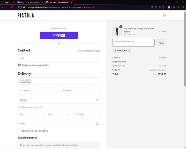 Pistola Denim checkout page showing Pistola Denim discount code box | Screenshot taken by SimplyCodes community member on Nov 7, 2023