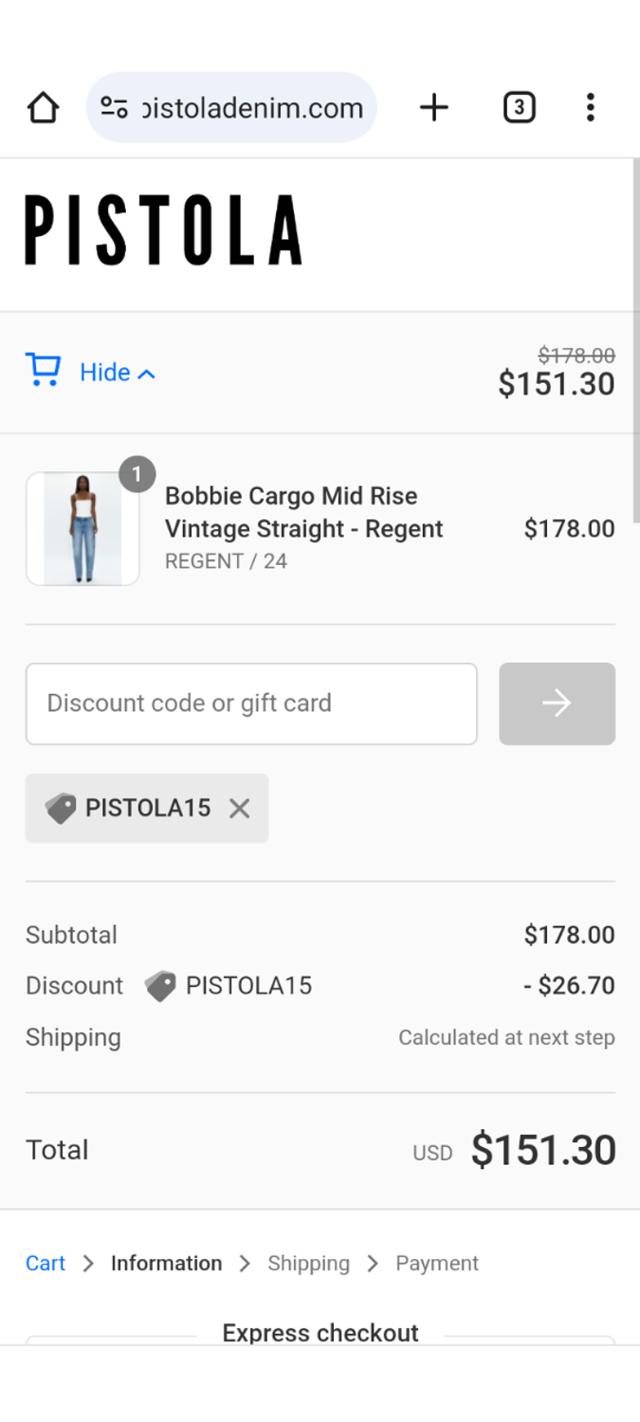 Pistola Denim checkout page showing Pistola Denim discount code box | Screenshot taken by SimplyCodes community member on Oct 9, 2023