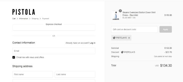 Pistola Denim checkout page showing Pistola Denim discount code box | Screenshot taken by SimplyCodes community member on Jun 2, 2022
