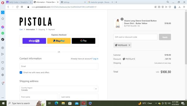 Pistola Denim checkout page showing Pistola Denim discount code box | Screenshot taken by SimplyCodes community member on Mar 23, 2023