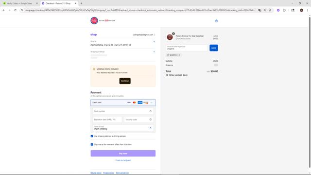 Pistons 313 Shop checkout page showing Pistons 313 Shop discount code box | Screenshot taken by SimplyCodes community member on Sep 6, 2025