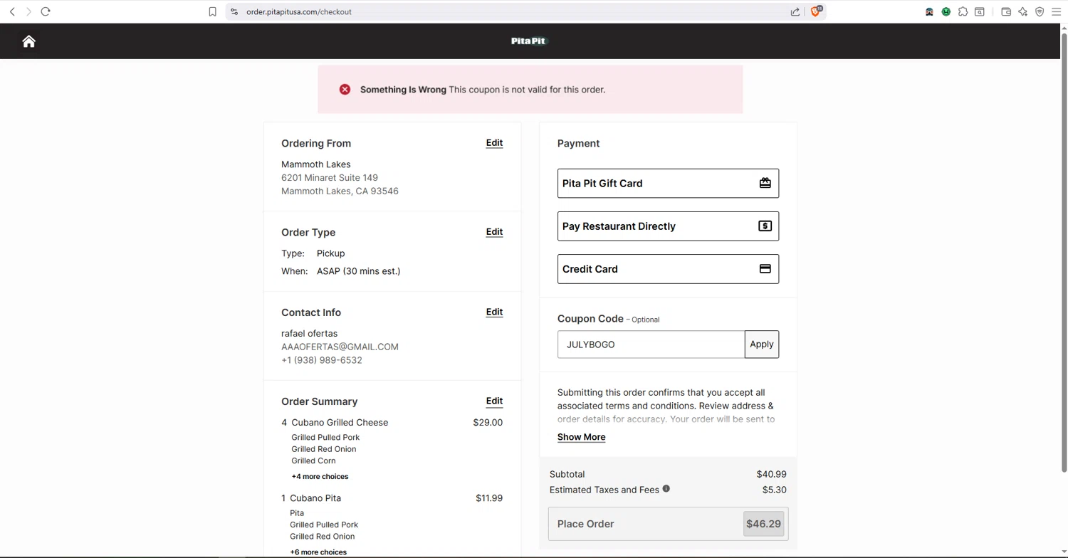 Pita Pit USA promo code screenshot showing code JULYBOGO applied at Pita Pit USA checkout page. Uploaded by SimplyCodes community member dayselis15 on Jul 30, 2025