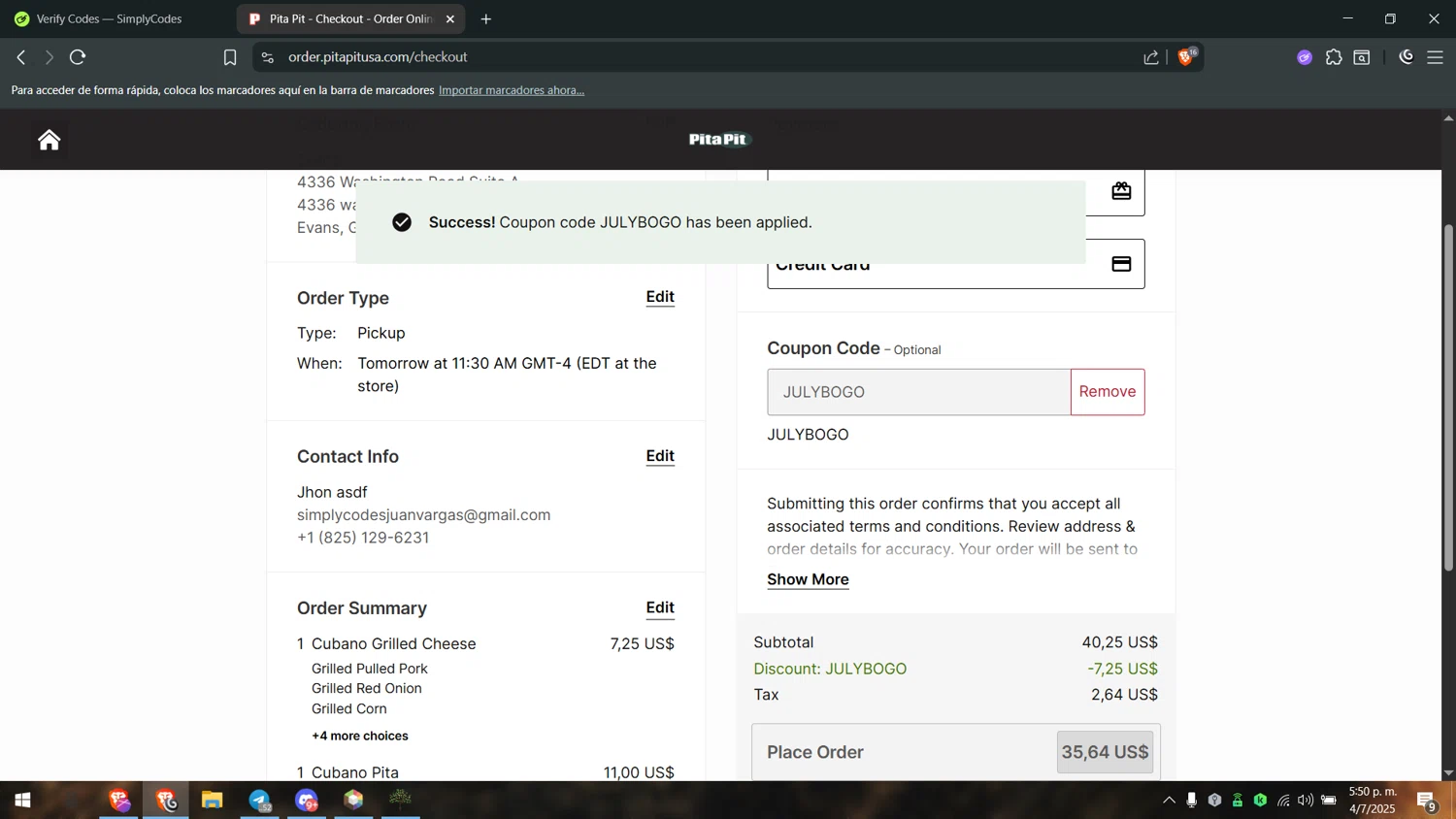 Pita Pit USA promo code screenshot showing code JULYBOGO applied at Pita Pit USA checkout page. Uploaded by SimplyCodes community member juanvargas1 on Jul 4, 2025