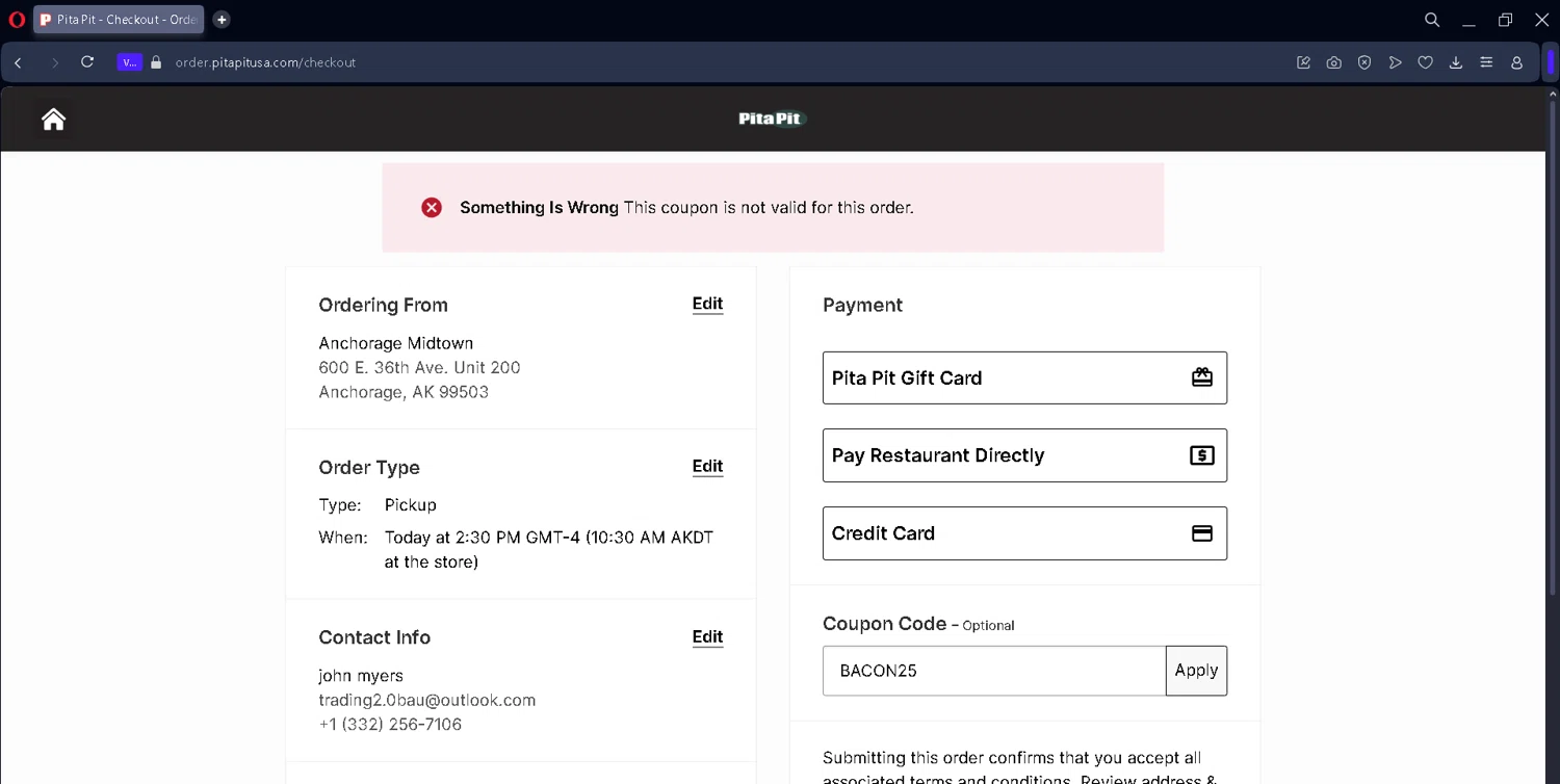 Pita Pit USA promo code screenshot showing code BACON25 applied at Pita Pit USA checkout page. Uploaded by SimplyCodes community member JosephStevens774 on Aug 29, 2025