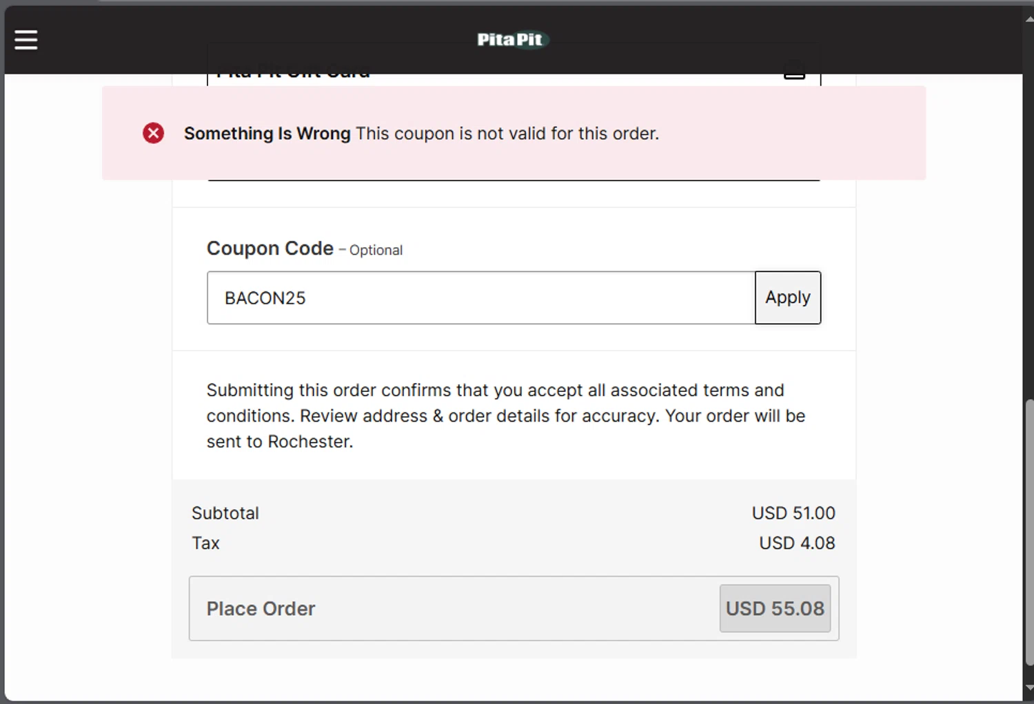 Pita Pit USA promo code screenshot showing code BACON25 applied at Pita Pit USA checkout page. Uploaded by SimplyCodes community member jupitera on Aug 30, 2025