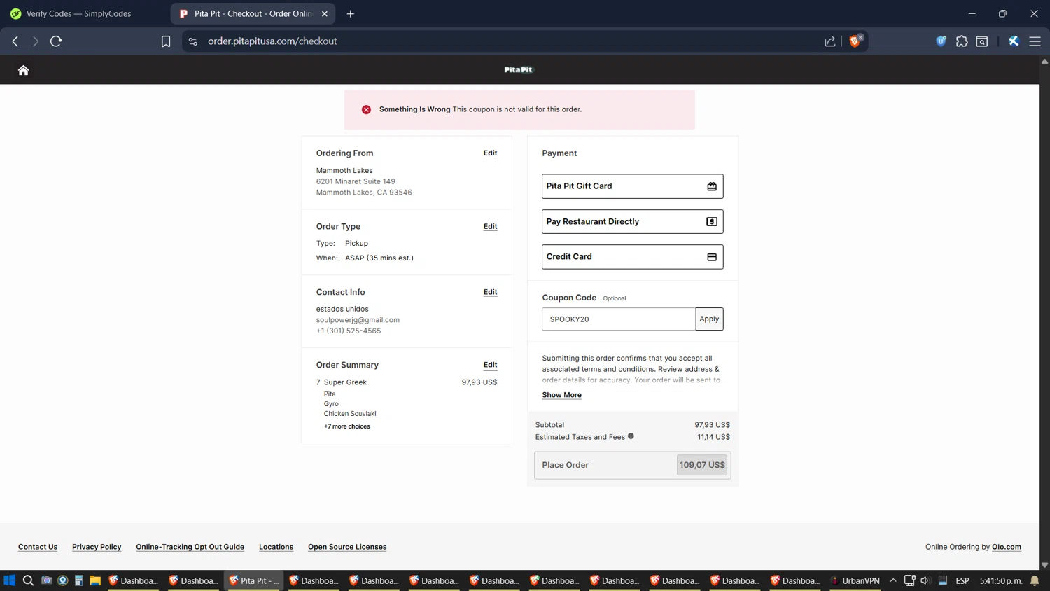 Pita Pit USA promo code screenshot showing code SPOOKY20 applied at Pita Pit USA checkout page. Uploaded by SimplyCodes community member Jgomez on Oct 28, 2025