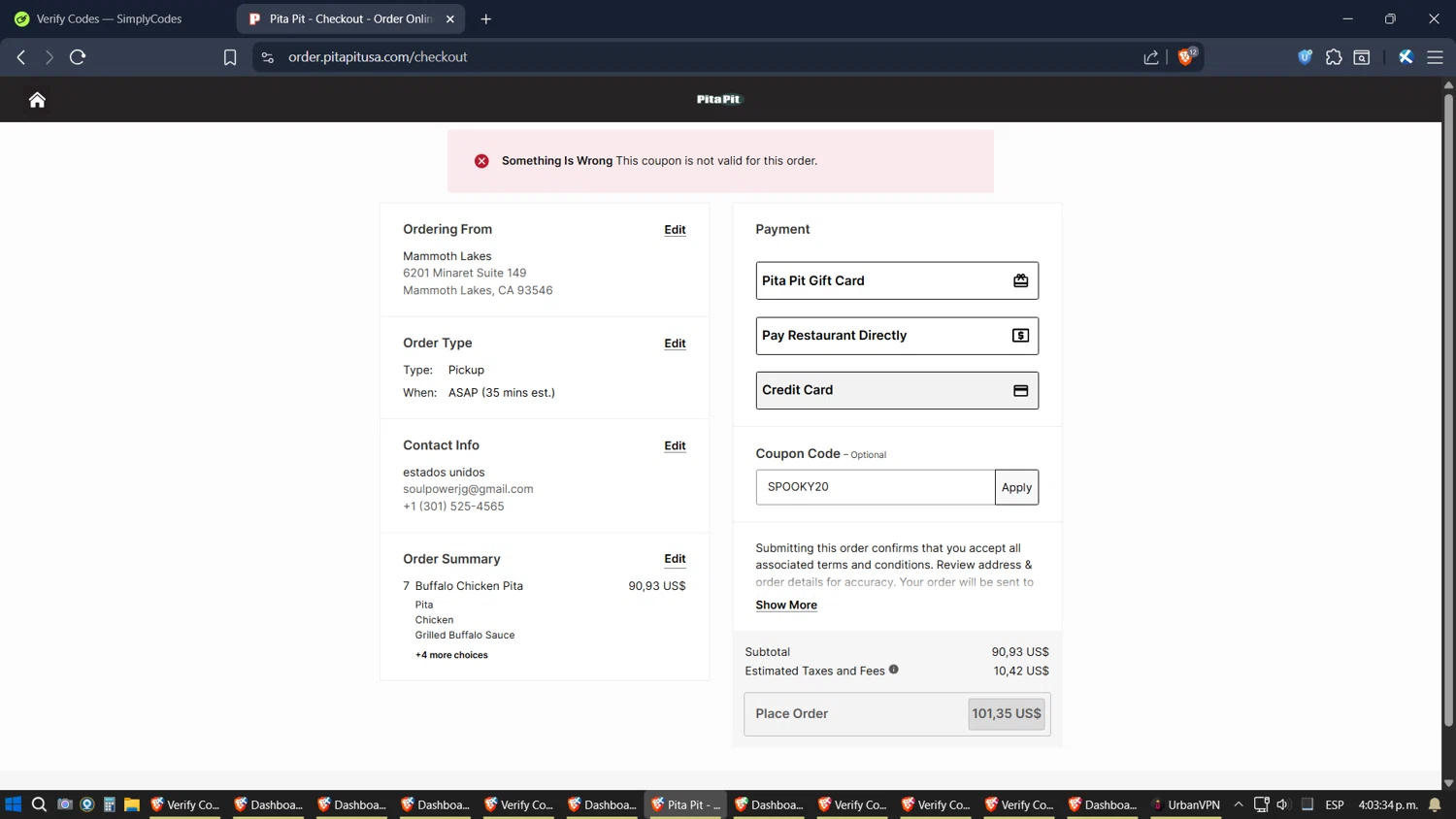 Pita Pit USA promo code screenshot showing code SPOOKY20 applied at Pita Pit USA checkout page. Uploaded by SimplyCodes community member jhordano on Oct 28, 2025