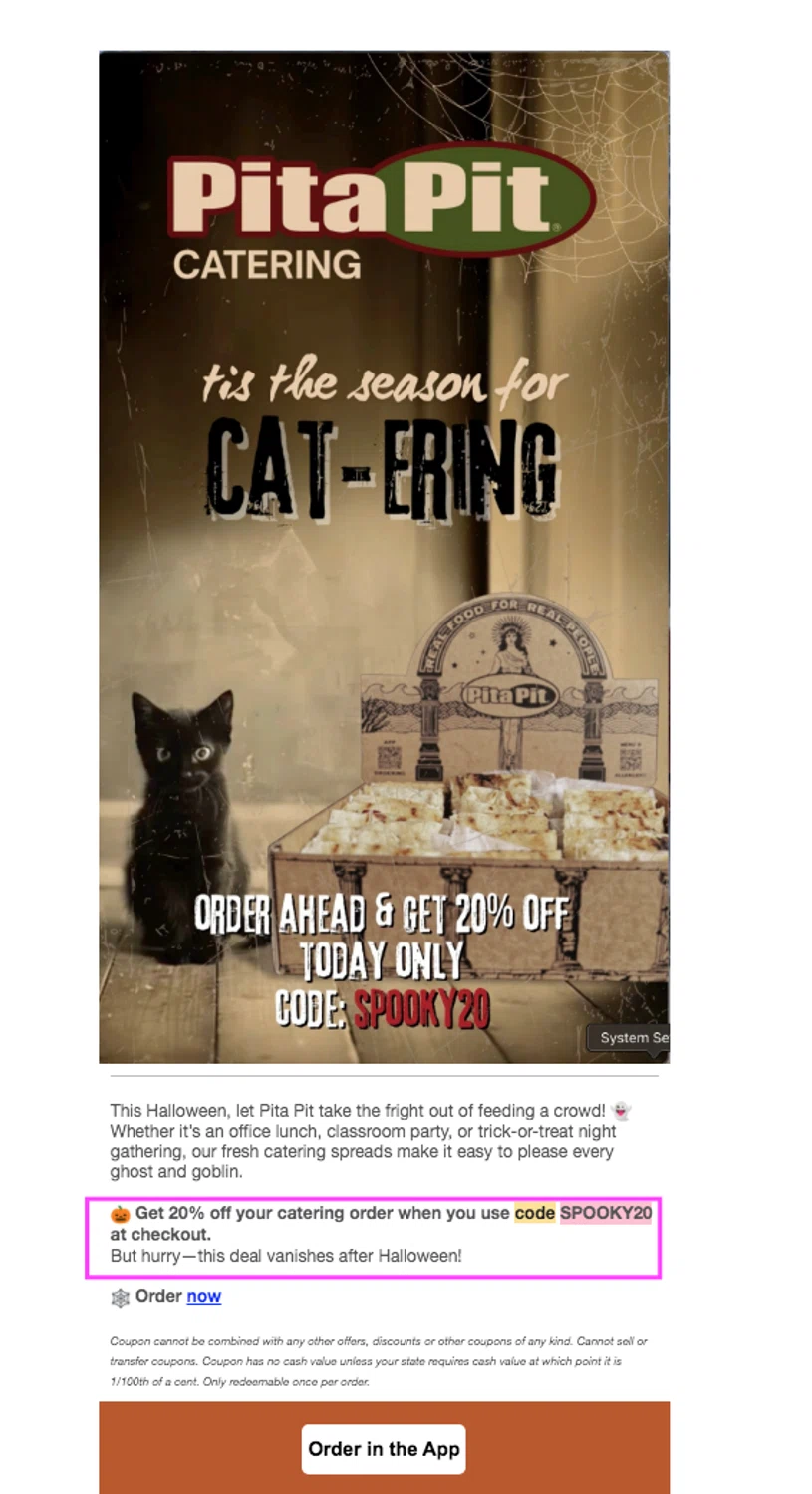 Pita Pit USA promo code screenshot showing code SPOOKY20 applied at Pita Pit USA checkout page. Uploaded by SimplyCodes community member AlejandraSarmiento on Oct 29, 2025