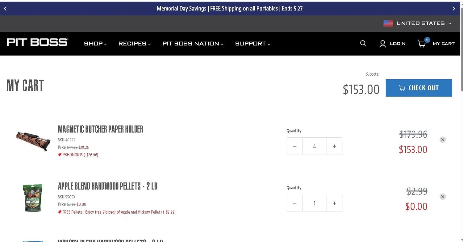 Pit Boss Grills promo code screenshot showing code PBHONOR15 applied at Pit Boss Grills checkout page. Uploaded by SimplyCodes community member LAMINEJAMAL on May 14, 2026