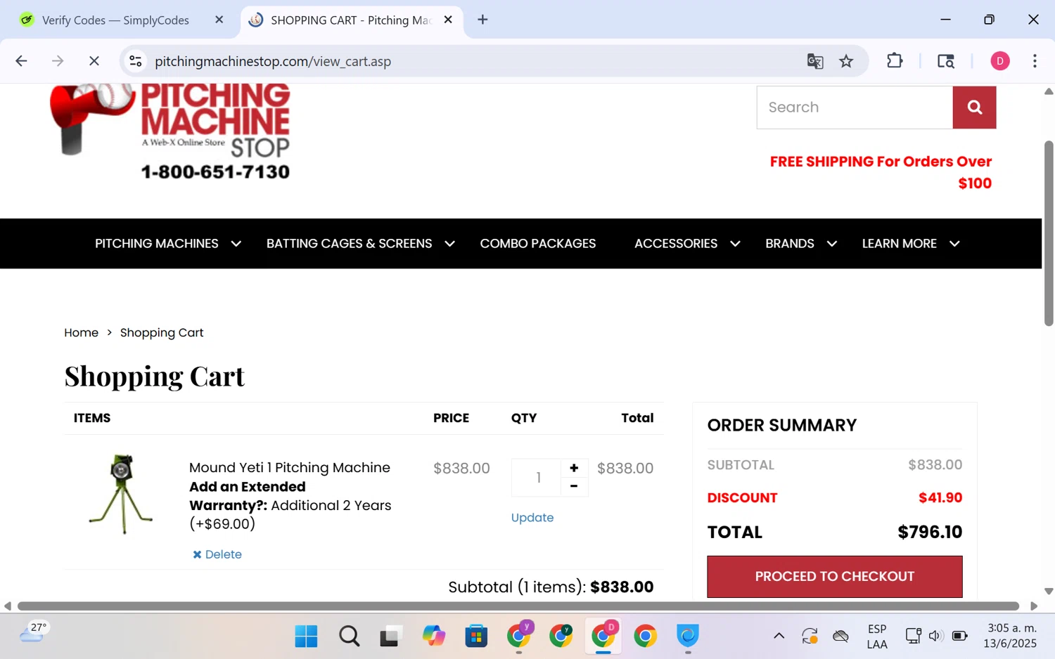 Pitching Machine Stop promo code screenshot showing code coupon525 applied at Pitching Machine Stop checkout page. Uploaded by SimplyCodes community member LuckyHero4650 on Jun 13, 2025