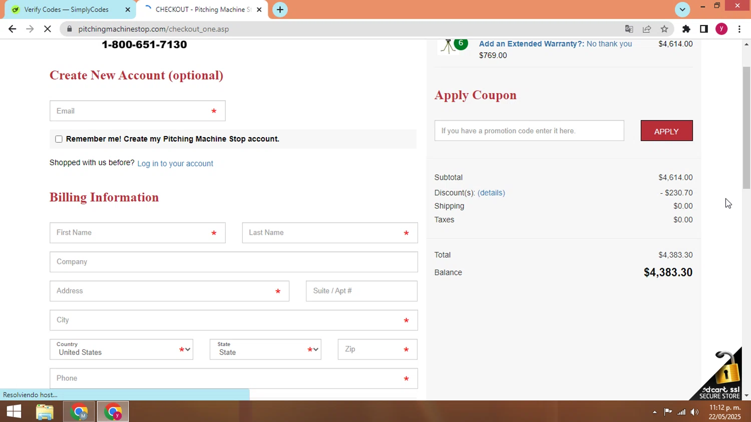 Pitching Machine Stop promo code screenshot showing code coupon525 applied at Pitching Machine Stop checkout page. Uploaded by SimplyCodes community member ThriftyWizard1508 on May 23, 2025
