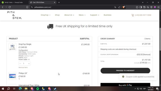 Pith & Stem checkout page showing Pith & Stem promo code box | Screenshot taken by SimplyCodes community member on Apr 9, 2025