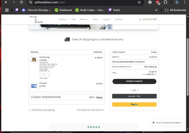 Pith & Stem checkout page showing Pith & Stem promo code box | Screenshot taken by SimplyCodes community member on Apr 9, 2025